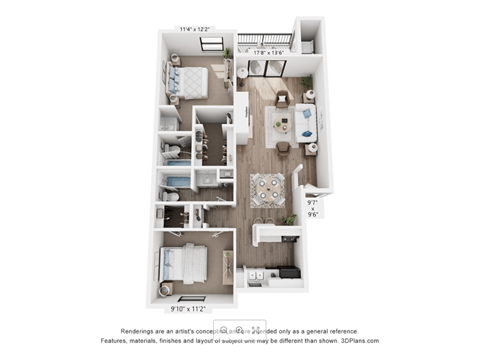 Floor plan for 2 beds, 2 baths, 976 sqft